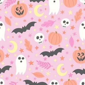 Pastel Halloween ghosts, bats, pumpkins pink