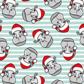 Christmas Hippos - Santa hat hippopotamus - mint stripes - LAD21