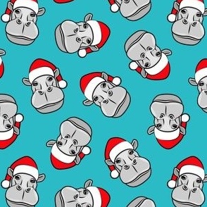 Christmas Hippos - Santa hat hippopotamus - Blue teal - LAD21