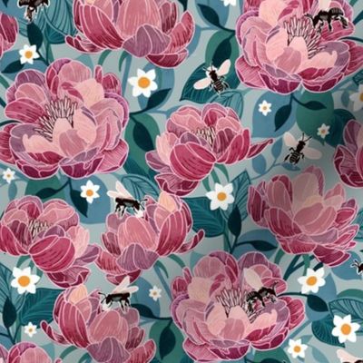 Vintage Floral - Bees and peonies 