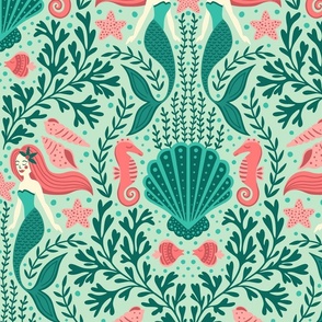 Mermaid Damask | Large Scale | Teal & Coral Mermaids