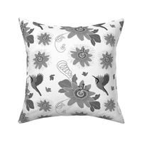 Passionfruit Chinoiserie #2 - greyscale on white, medium to large 