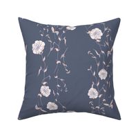 White meadow flower with twigs in apricot and purple on dark blue muted