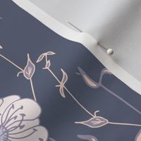 White meadow flower with twigs in apricot and purple on dark blue muted