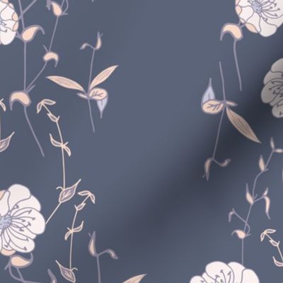 White meadow flower with twigs in apricot and purple on dark blue muted