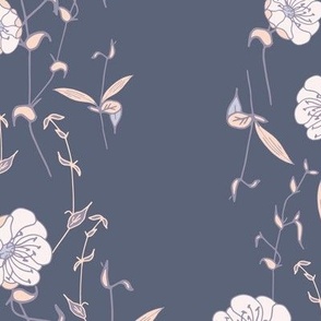 White meadow flower with twigs in apricot and purple on dark blue muted