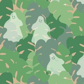 $ Peek-a-Boo in the Jungle- happy little ghosts dancing among pastel hue tropical leaves