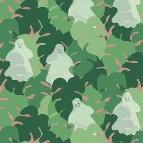 Peek-a-Boo in the Jungle- happy little ghosts dancing among tropical monstera leaves in spring greens and apricot, for kids projects, bedlinen and accessories. 