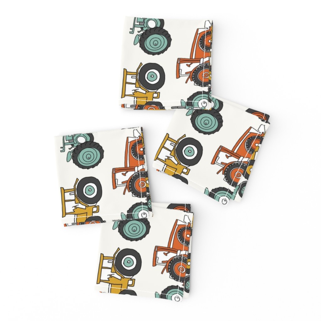 LARGE tractor fabric, tractors, vintage tractors  - neutral fabric, farm fabric, kids fabric - teal