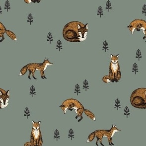 boho fox fabric - autumn woodland fabric - cottagecore fabric green