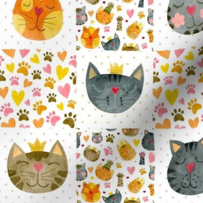 Smaller Patchwork 3" Squares Cute But Crazy Cats on White for Cheater Quilt or Blanket