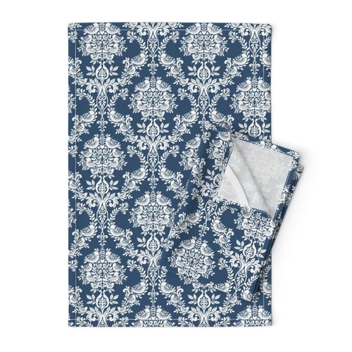 Bird Damask - navy blue and white