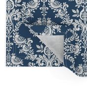 Bird Damask - navy blue and white