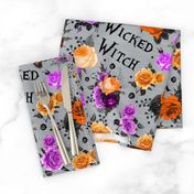 Large Scale Wicked Witch Halloween Purple Black Orange Silver Creepy Roses Floral