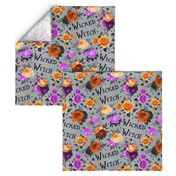 Large Scale Wicked Witch Halloween Purple Black Orange Silver Creepy Roses Floral