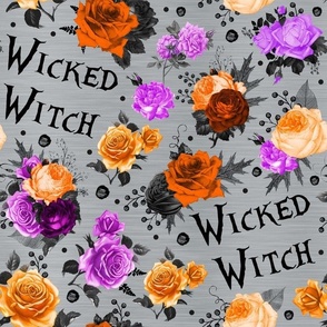Large Scale Wicked Witch Halloween Purple Black Orange Silver Creepy Roses Floral