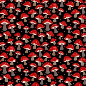 Smaller Scale Red Polkadot Mushrooms on Black