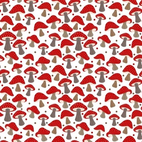 Smaller Scale Red Polkadot Mushrooms on White