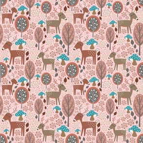 Smaller Scale White Tailed Deer Woodland Forest Animals on Pale Pink
