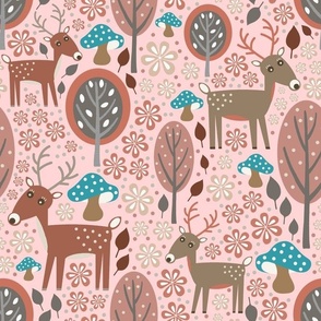 Bigger Scale White Tailed Deer Woodland Forest Animals on Pale Pink