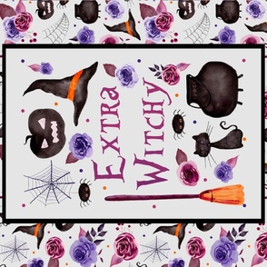 Fat Quarter Panel for Tea Towel or Wall Art Hanging Extra Witchy Sarcastic Halloween Black Cats Cauldrons Spiders with Roses