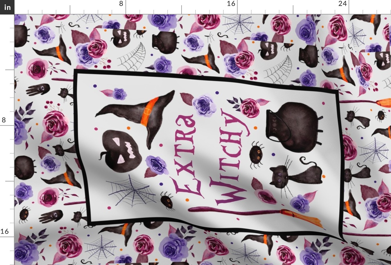 Fat Quarter Panel for Tea Towel or Wall Art Hanging Extra Witchy Sarcastic Halloween Black Cats Cauldrons Spiders with Roses