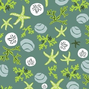 Dancing Starfish and shells in green
