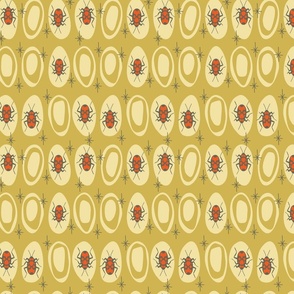 hand draw mid century modern beetles in red and gold