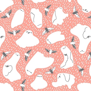 White cute ghosts with bats on pink pastel background
