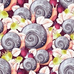 Snail in the strawberry bushes, Gray on a burgundy background