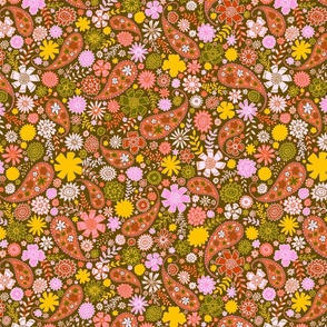 paisley flowers - peach and green