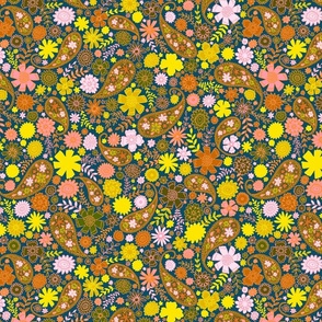 paisley flowers - yellow on teal