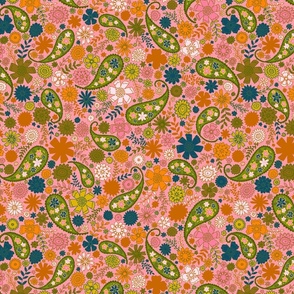 paisley flowers - pink and teal