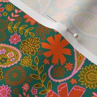 paisley flowers - green and bright orange