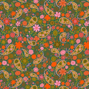 paisley flowers - green and bright orange