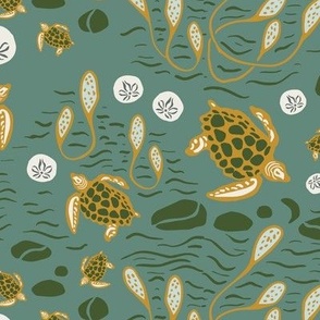 Sea Turtles Gold and Green - "Twilight Turtles" design