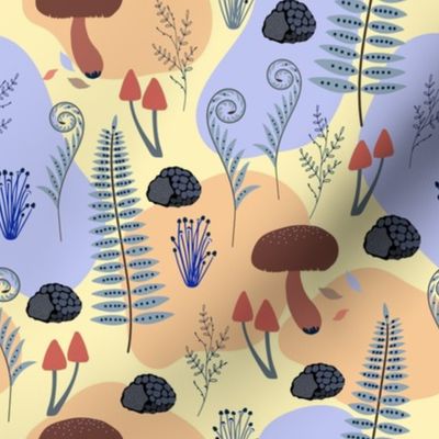 Abstract Mushrooms and Ferns on Pale Yellow