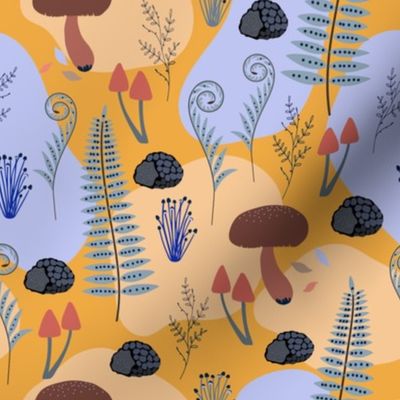 Abstract Mushrooms and Ferns on Yellow
