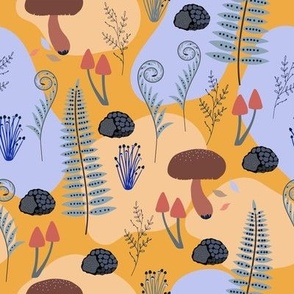 Abstract Mushrooms and Ferns on Yellow