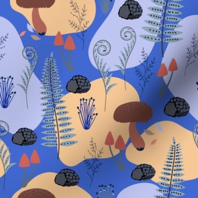 Abstract Mushrooms and Ferns on Blue