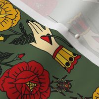 hands & roses & spiders (olive green)