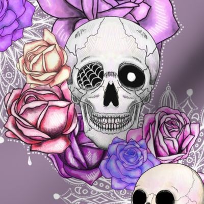 delicate spooky skulls and roses floral