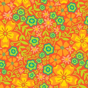 Boho Floral Summer Botanical in Bright Yellow Orange Green on Coral Orangew - LARGE Scale - UnBlink Studio by Jackie Tahara