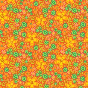 Boho Floral Summer Botanical in Bright Yellow Orange Green on Coral Orange - SMALL Scale - UnBlink Studio by Jackie Tahara