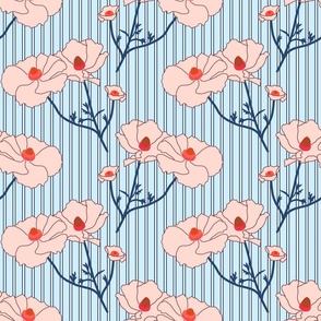 Floating Oriental Floral - blush with navy stems on periwinkle stripe #1, medium to large 