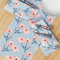 Floating Oriental Floral - blush with navy stems on periwinkle stripe #2, medium to large 