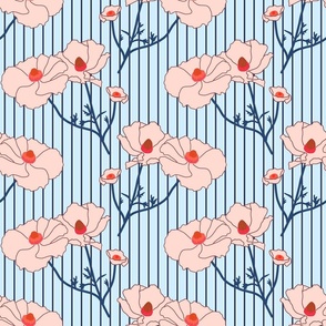 Floating Oriental Floral - blush with navy stems on periwinkle stripe #2, medium to large 