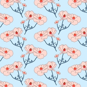 Floating Oriental Floral - blush with navy stems on periwinkle, medium