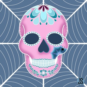 Skull in pink pastels on blue web