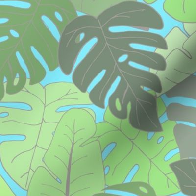 Large scale pastel Jungle - Monstera and Banana Leaves for a Tropical yet Light Mood 